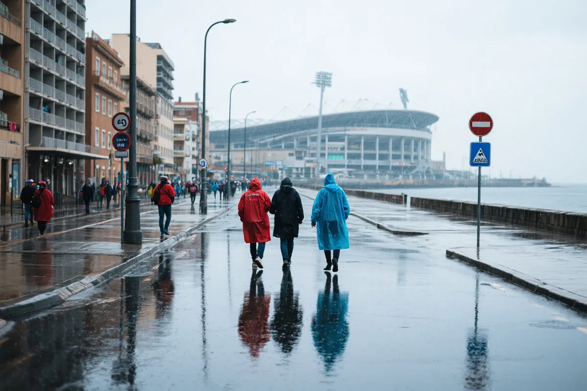 温哥华夏季细雨中的城市街道与球迷雨衣，路面反光，氛围清新