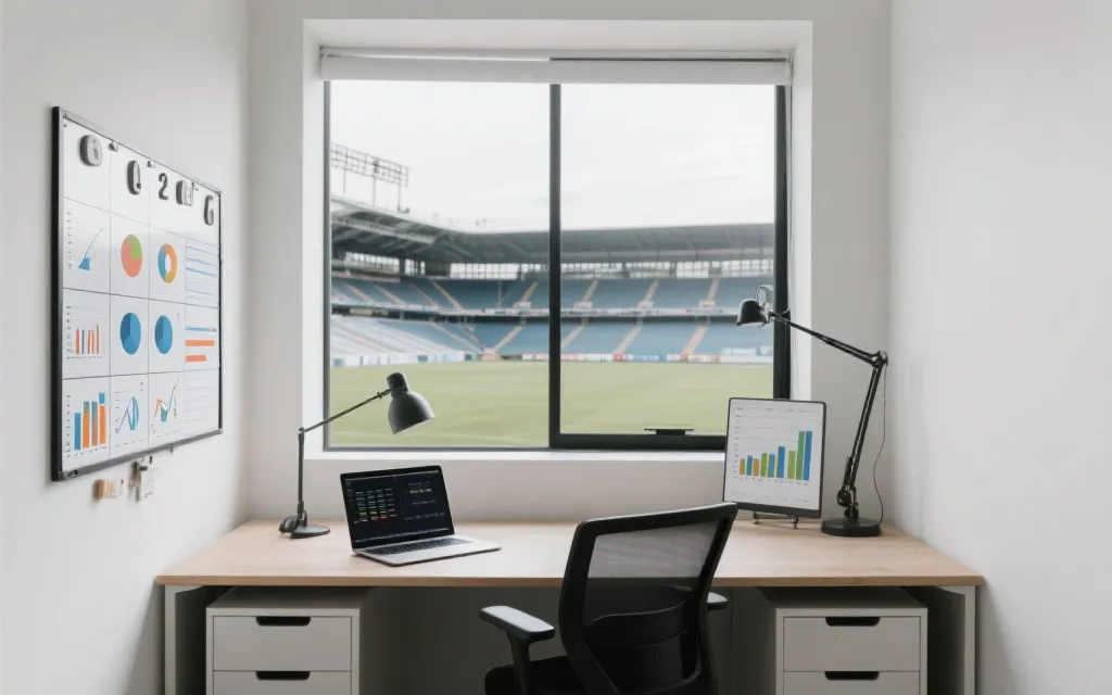 编辑台前的足球战术板与数据图表，象征预测内容的生产与包装
